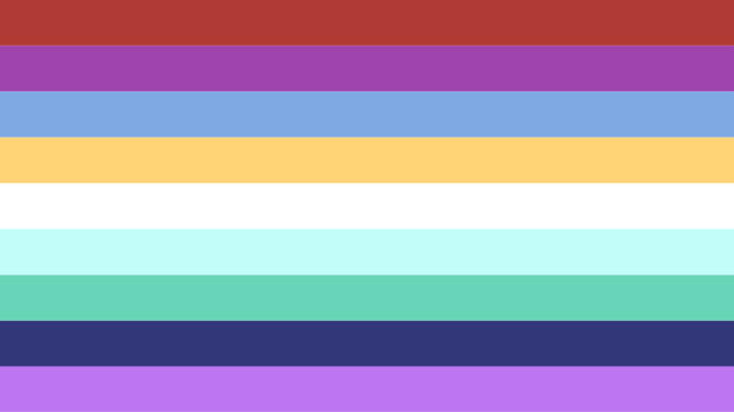 nine-striped pride flag representing fenway. the stripes are, from top to bottom: deep red, violet, light blue, golden yellow, white, pale minty green, medium green, dark blue, lavender. all colours are slightly muted so as to avoid causing eyestrain.